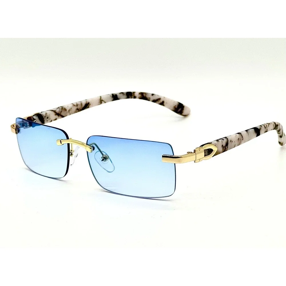 Classic Sunglasses Elegant Modern Sophisticated Rimless Gold Frame Blue Lens New